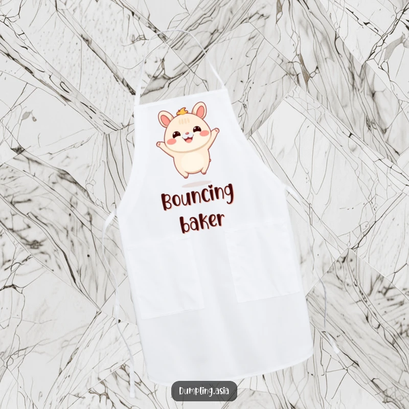 Funny Apron showcasing a smiling bao bun character with tiny feet, happily jumping in the air, perfect for a fun cooking experience.