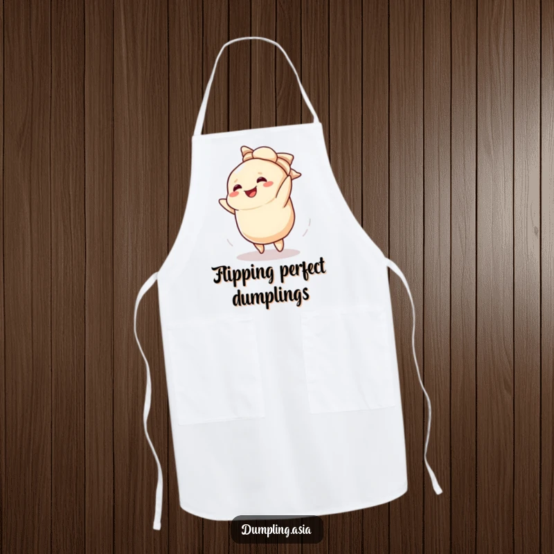 Funny apron decorated with a smiling dumpling character performing a cartwheel with enthusiasm.