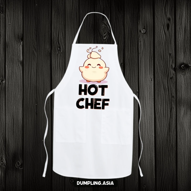 Funny Apron showcasing a smiling dumpling character joyfully bursting with steam, perfect for a fun cooking experience.