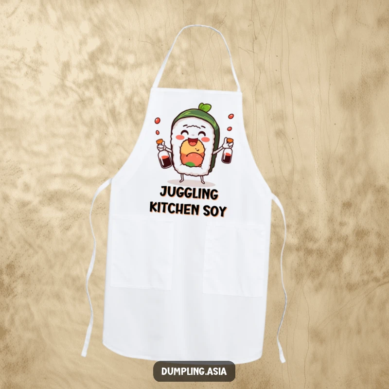 Funny sushi roll apron, a delighted character juggling soy sauce bottles while cooking, a humorous kitchen essential.