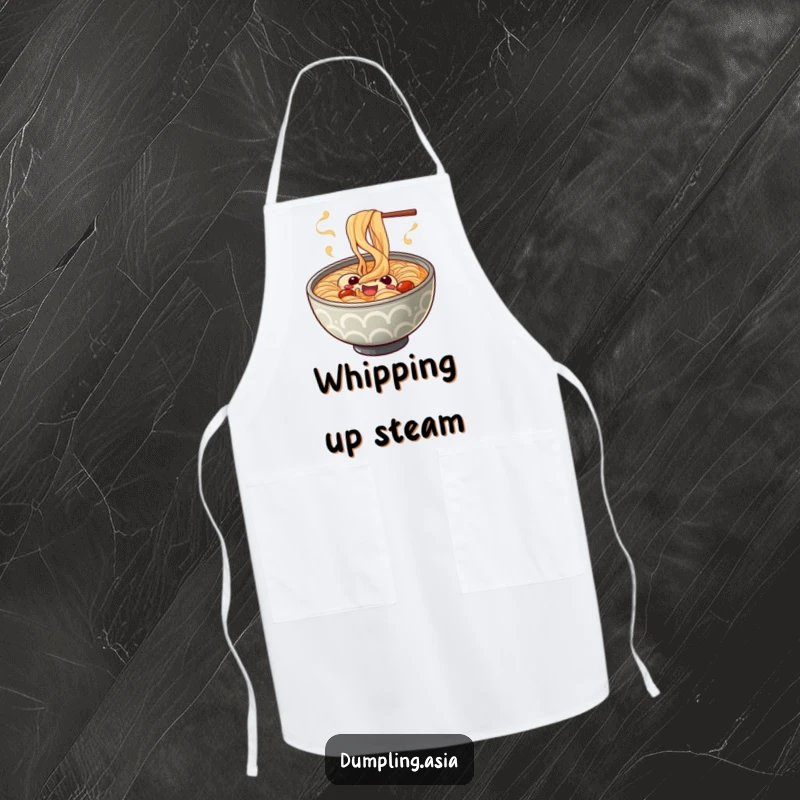 Funny ramen bowl apron, a cheerful character with playful spiraling steam, a humorous and practical kitchen accessory.