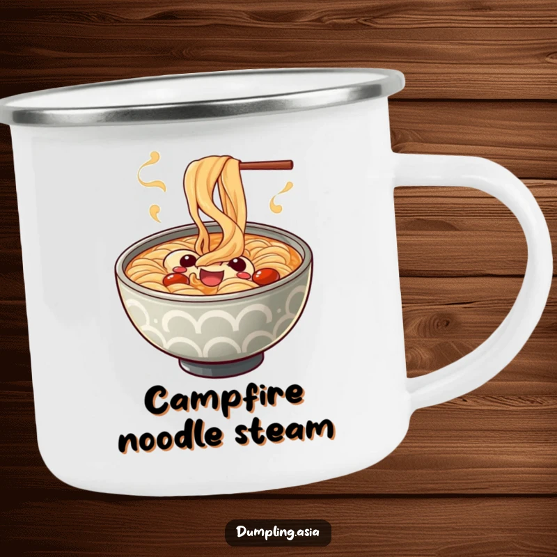 Funny ramen bowl camping mug, a cheerful character with playful spiraling steam, perfect for cozy campfires.
