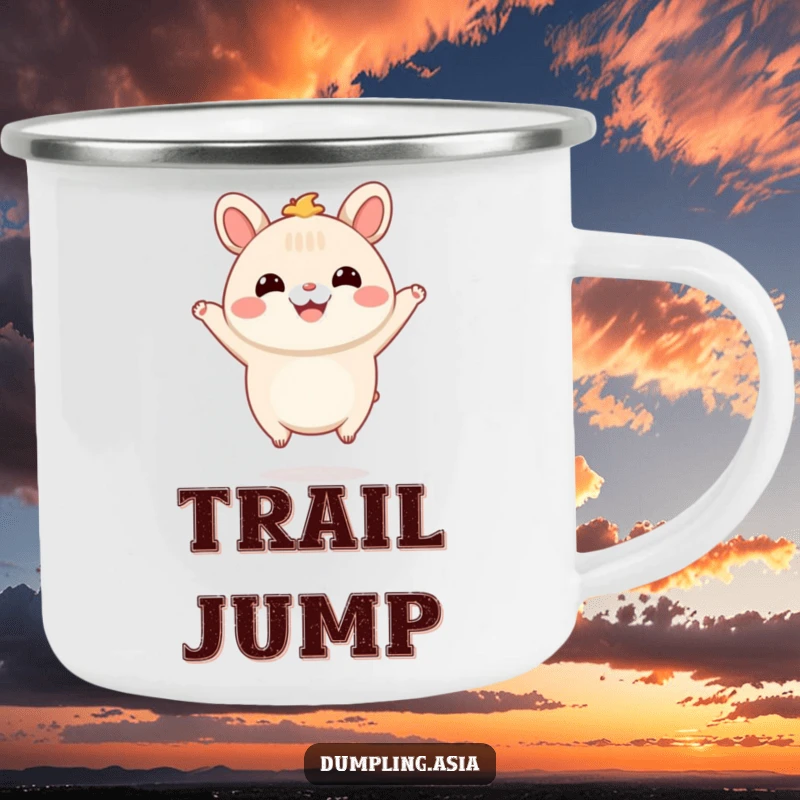 Funny Camping Mug with a smiling bao bun character with tiny feet, happily jumping in the air, ideal for enjoying drinks outdoors.