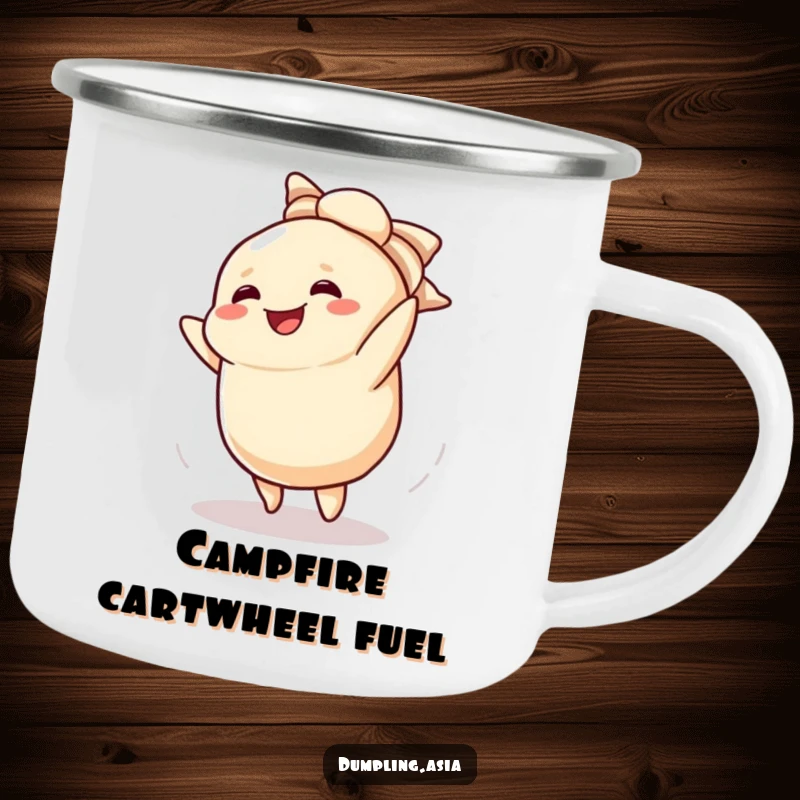 Funny camping mug depicting a smiling dumpling character doing a cartwheel, perfect for outdoor fun.