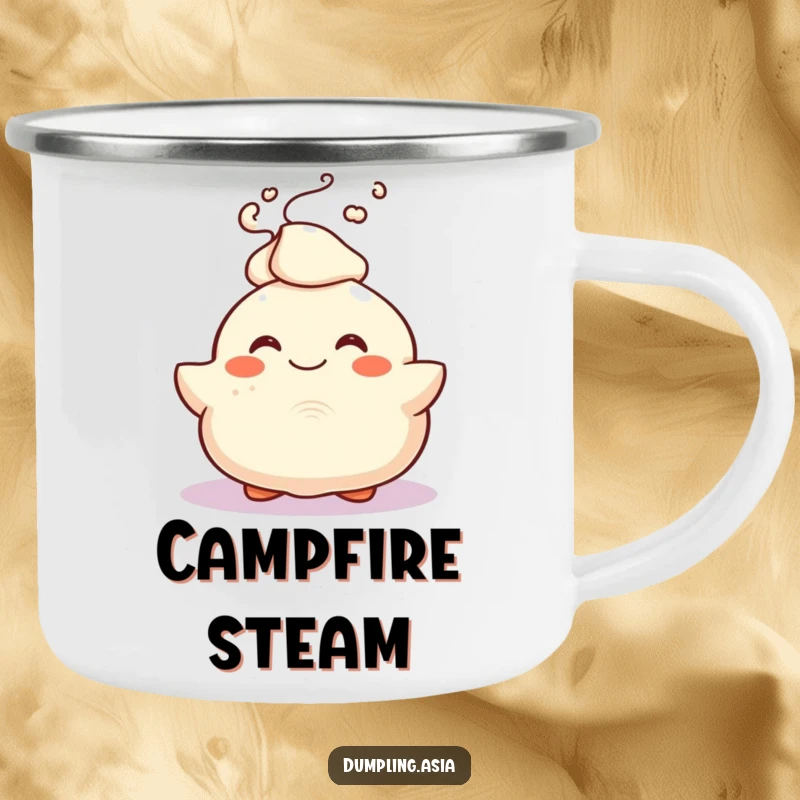 Funny Camping Mug with a smiling dumpling character joyfully bursting with steam, ideal for enjoying warm drinks outdoors.
