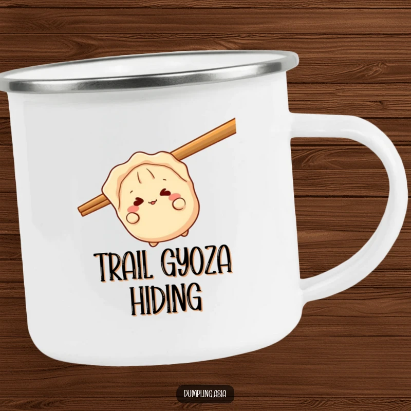 Funny gyoza camping mug, a giggling dumpling character, peeking playfully from behind a giant chopstick, perfect for outdoor fun.