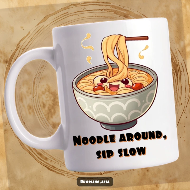 Funny ramen bowl mug, cheerful expression, steam billowing playfully, perfect for noodle lovers and cozy mornings.