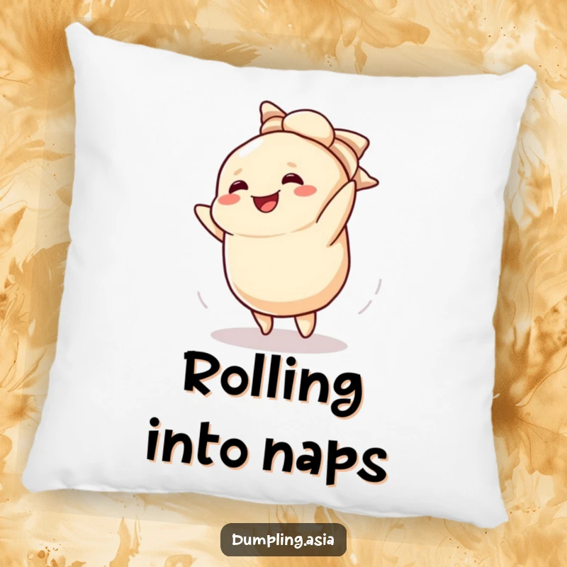 Funny pillow with a smiling dumpling character doing a cartwheel, adding a playful touch.