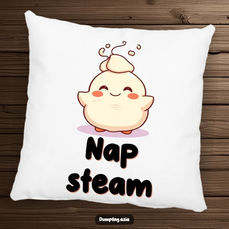 Funny Pillow with a smiling dumpling character joyfully bursting with steam, a soft and cheerful decorative item.