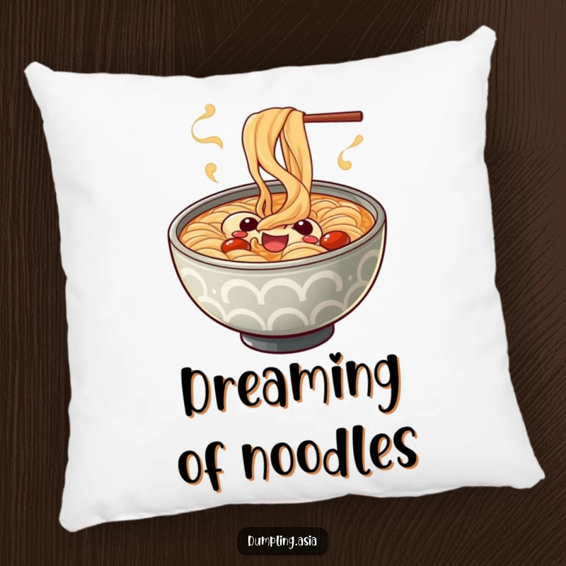 Funny ramen bowl pillow, a cheerful character with playful spiraling steam, soft and humorous home accent.