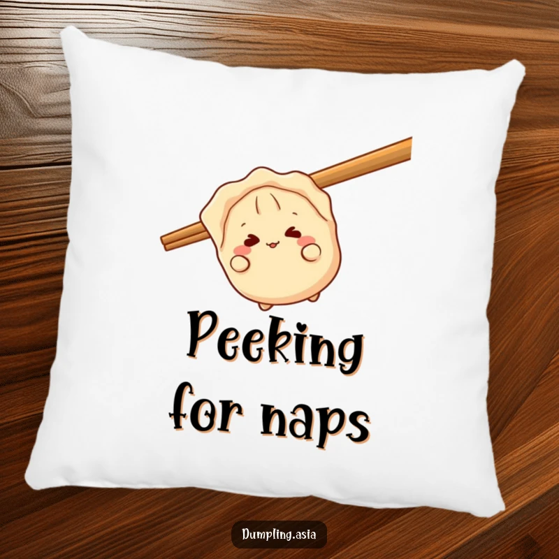 Funny gyoza pillow, a giggling dumpling character, peeking playfully from behind a giant chopstick, soft and cute accent.