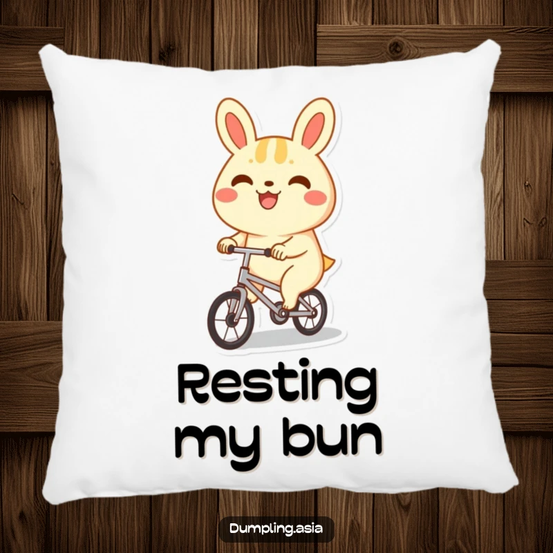 Funny bao bun pillow, a happy character with a big grin, joyfully riding a tiny bicycle, soft and cute accent.