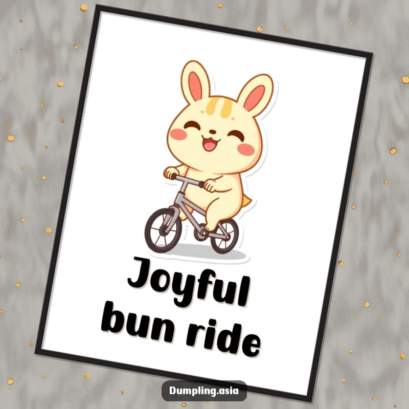 Funny bao bun digital art print, a happy character with a big grin, joyfully riding a tiny bicycle, instant cute decor.
