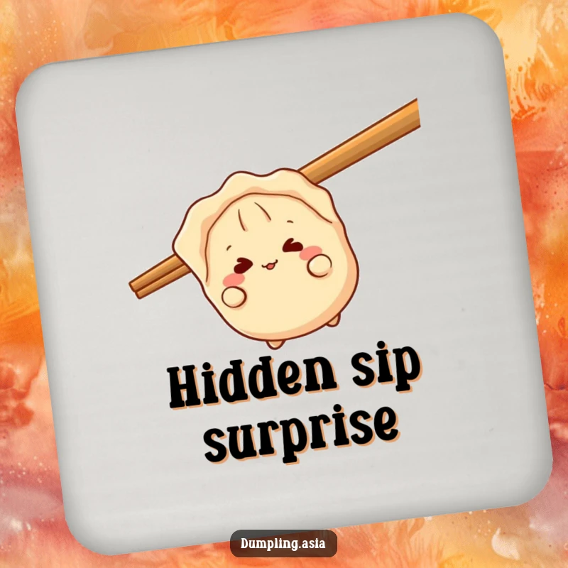 Funny gyoza coaster, a giggling dumpling character, peeking playfully from behind a giant chopstick, protecting surfaces with charm.