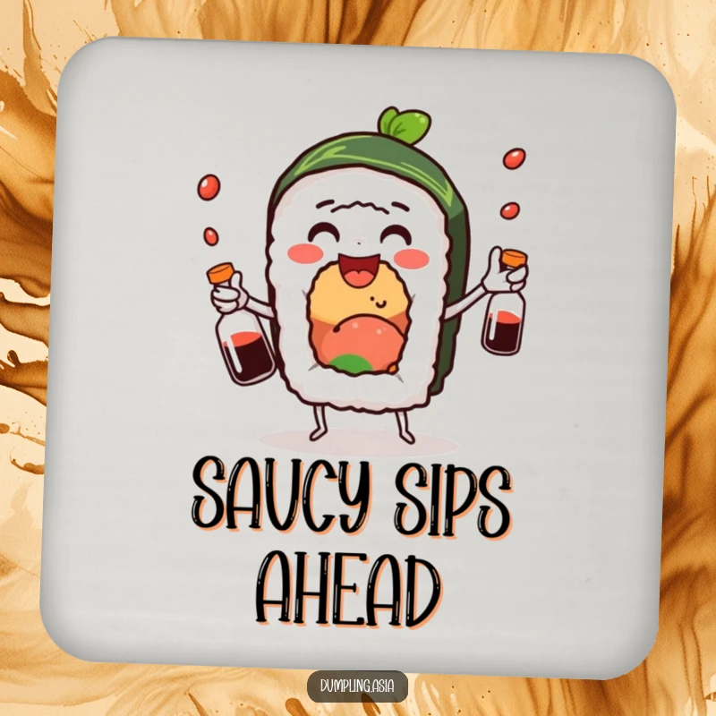 Funny sushi roll coaster, a delighted character juggling soy sauce bottles, protecting surfaces with a smile.