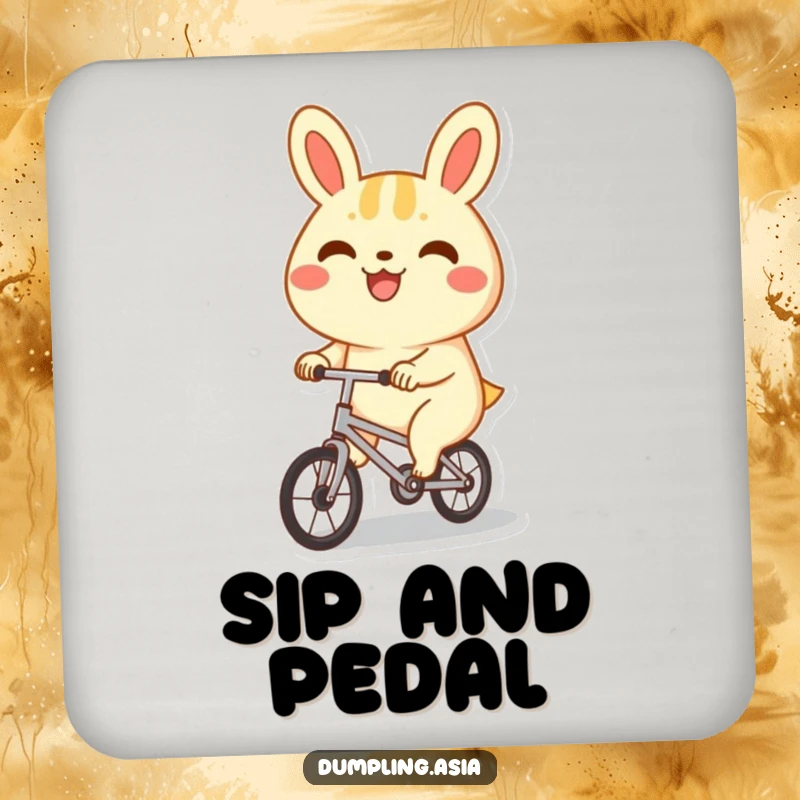Funny bao bun coaster, a happy character with a big grin, joyfully riding a tiny bicycle, protecting surfaces with charm.