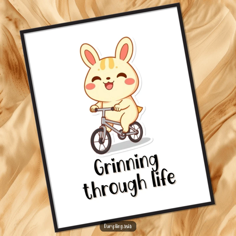 Funny bao bun poster, a happy character with a big grin, joyfully riding a tiny bicycle, whimsical and cute wall decor.