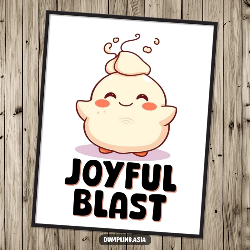 Funny Poster featuring a smiling dumpling character joyfully bursting with steam, a cute and humorous food-themed artwork.