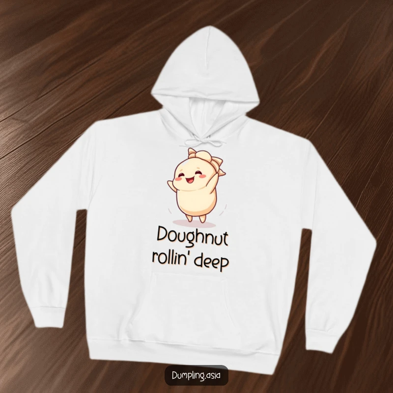 Funny hoodie printed with a smiling dumpling character doing a cartwheel and dusting off its wrapper.