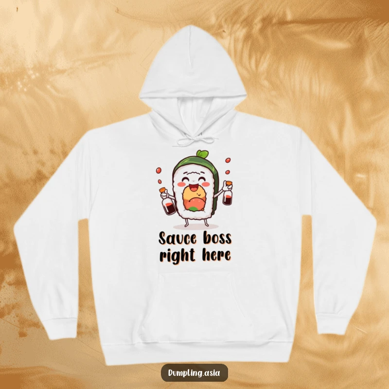 Funny sushi roll hoodie, a delighted character juggling small soy sauce bottles, perfect for cozy, humorous wear.