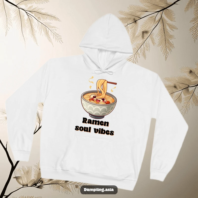 Funny ramen bowl hoodie, a cheerful character with playful spiraling steam, cozy and humorous apparel.