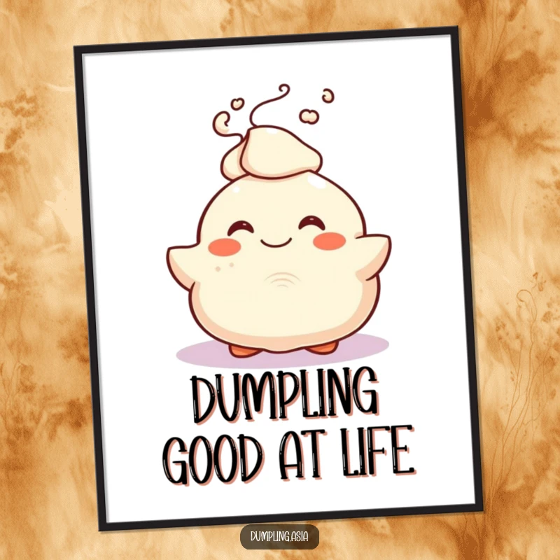 Funny Free Printable Wall Art depicting a cheerful dumpling character with joyful steam bursting upwards, adding a fun vibe.