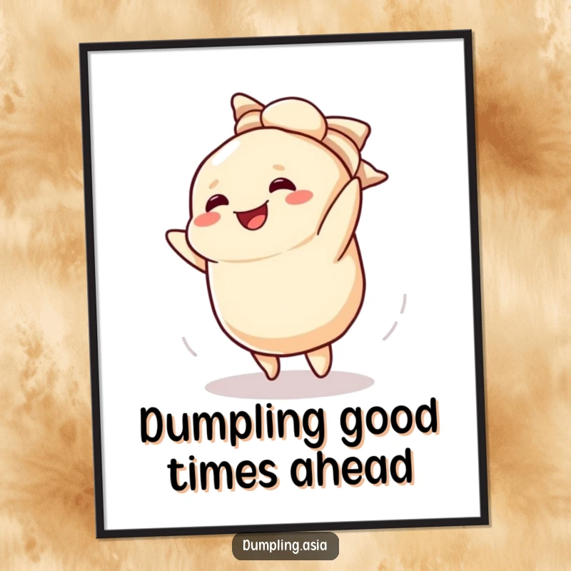 Funny Free Printable Wall Art showcasing a smiling dumpling character doing a cartwheel and dusting off its wrapper, creating fun and quirky decor.