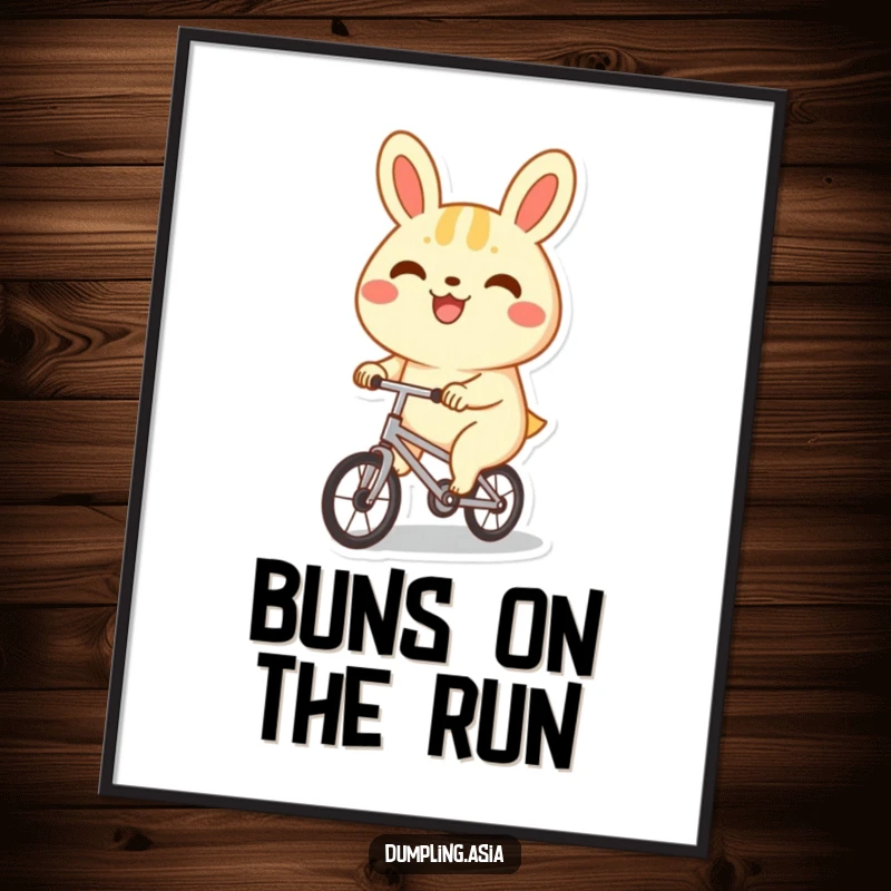 Funny Free Printable Wall Art: A happy bao bun character rides a miniature bicycle, radiating joy and whimsy.