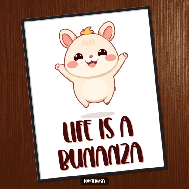 Funny Free Printable Wall Art depicting a smiling bao bun character with tiny feet, happily jumping high in the air.
