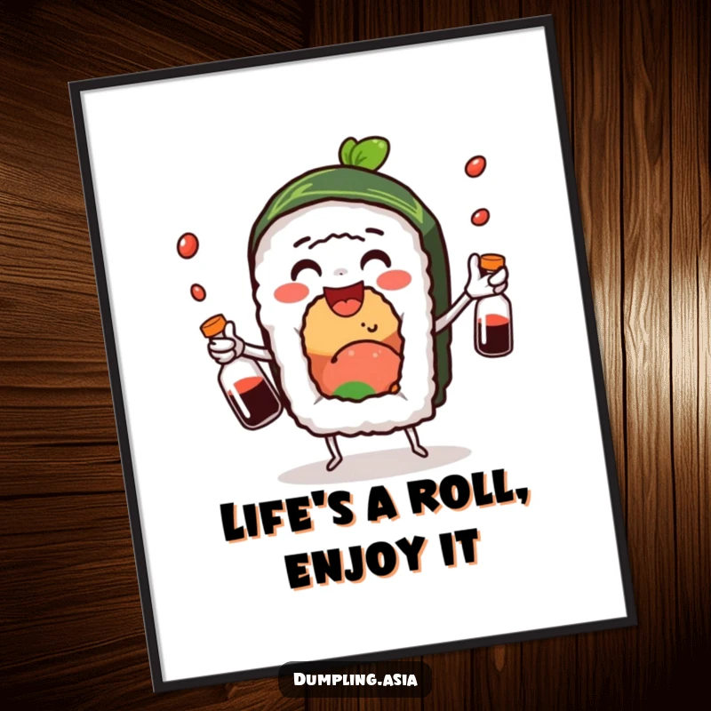 Funny Free Printable Wall Art: A delighted sushi roll character joyfully juggling small soy sauce bottles, adding humor to decor.