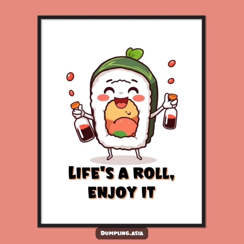 Free Printable Wall Art: Funny Sushi Roll Juggling Soy Sauce, Quirky Downloadable Decor