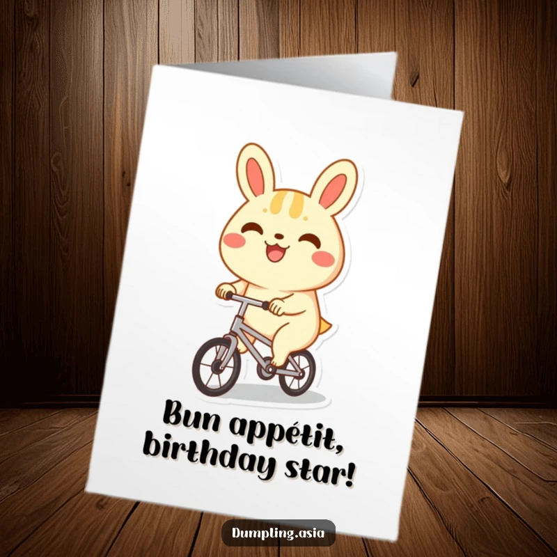 Funny Free Printable Birthday Card: A happy bao bun character joyfully rides a tiny bicycle with a huge grin.