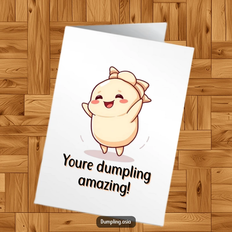 Funny Free Printable Congratulations Card with a smiling dumpling character doing a cartwheel, celebrating success with playful energy and humor.