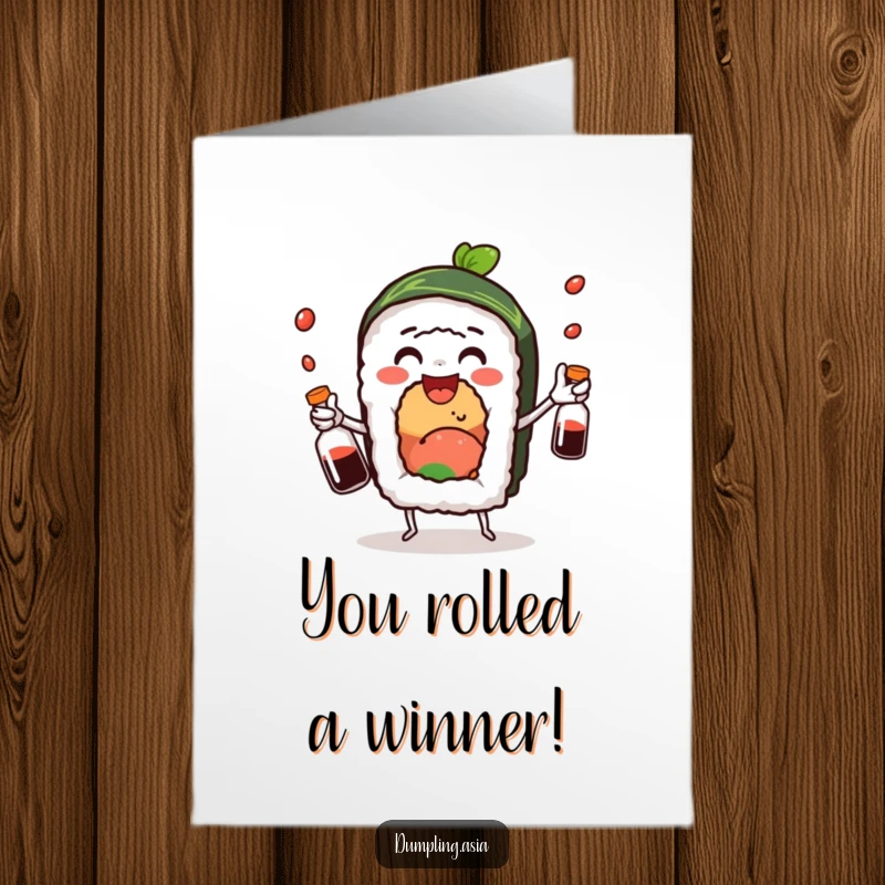 Funny Free Printable Congratulations Card: Sushi character expertly juggles soy sauce, celebrating success with hilarious flair.