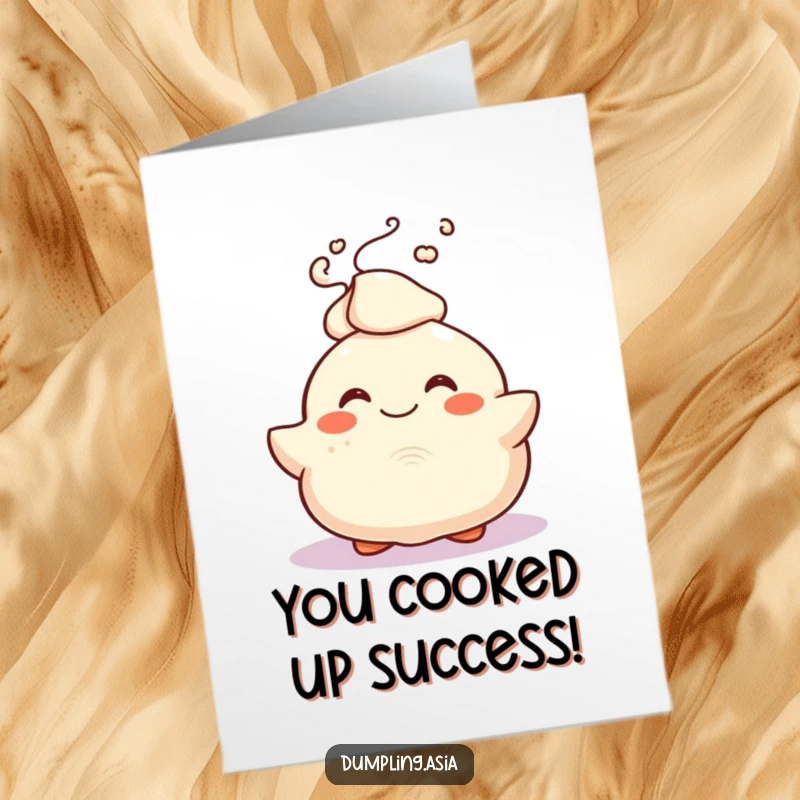 Funny Free Printable Congratulations Card with a smiling dumpling character, steam rising joyfully, celebrating a great achievement.
