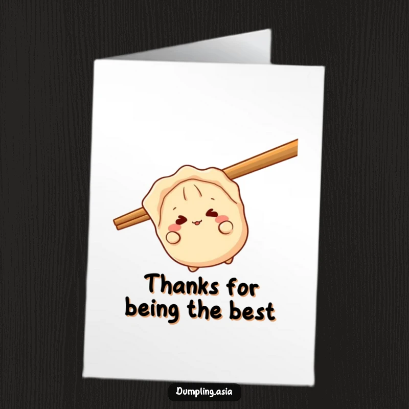 Funny Free Printable Thank You Card: A giggling gyoza character peeks from behind a massive chopstick, adding charm.