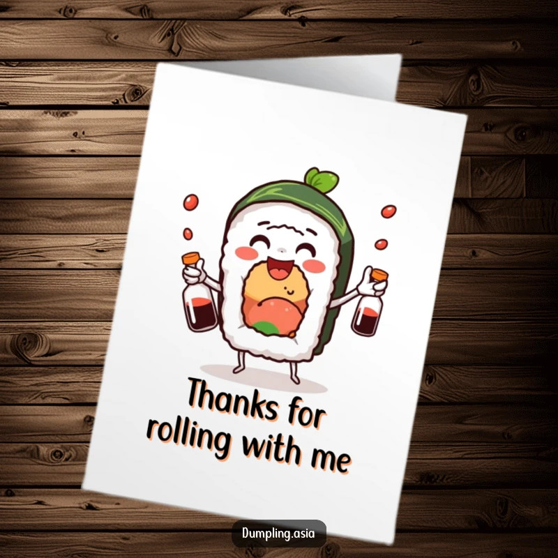 Funny Free Printable Thank You Card: Delighted sushi roll juggling soy sauce bottles, perfect for a grateful, humorous message.