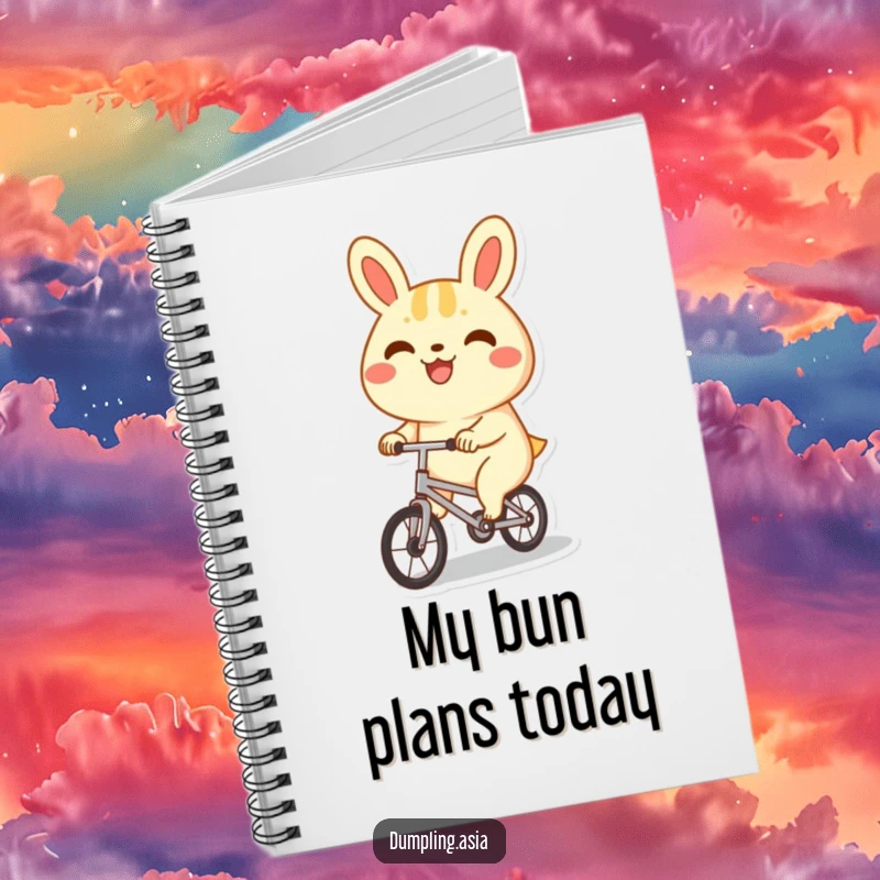 Funny bao bun notebook, a happy character with a big grin, joyfully riding a tiny bicycle, perfect for notes with humor.