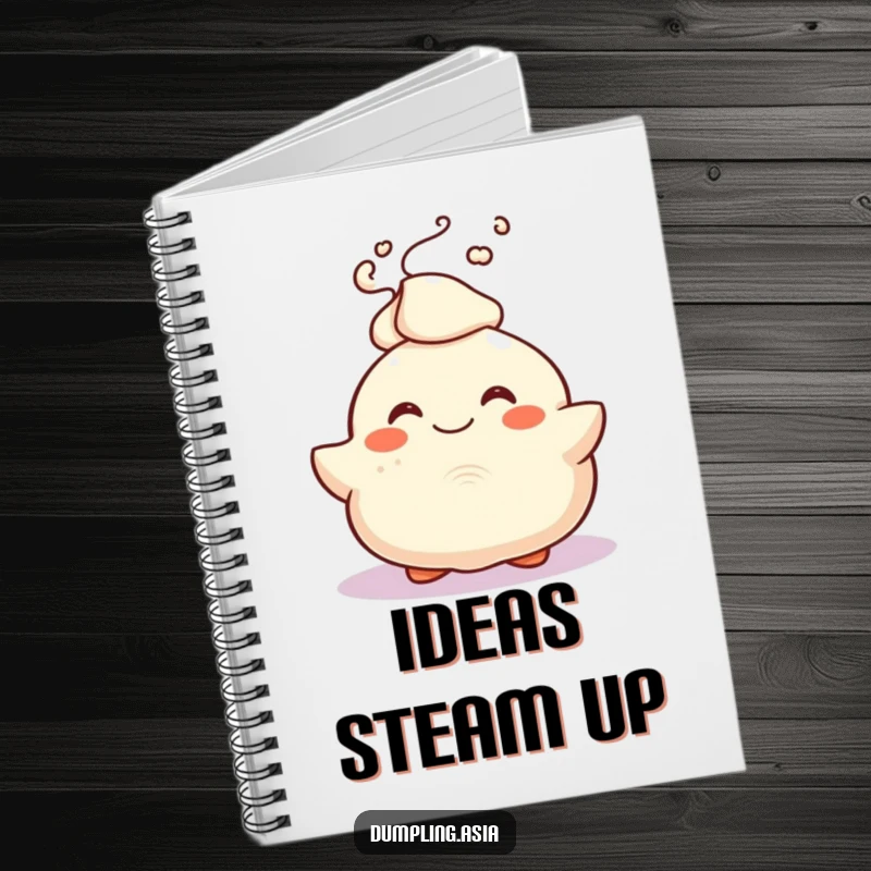 Funny Notebook with a smiling dumpling character joyfully bursting with steam, perfect for jotting down creative thoughts.