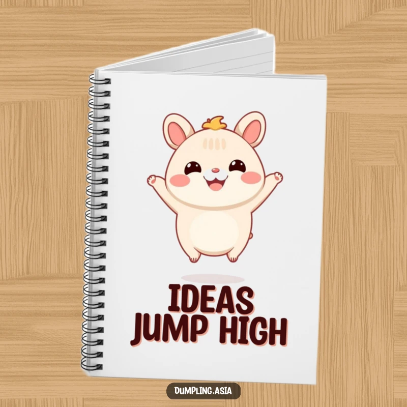 Funny Notebook with a smiling bao bun character with tiny feet, happily jumping in the air, perfect for jotting down cheerful ideas.