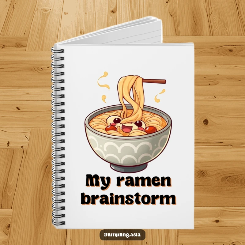 Funny ramen bowl notebook, a cheerful character with playful spiraling steam, perfect for jotting down ideas with humor.