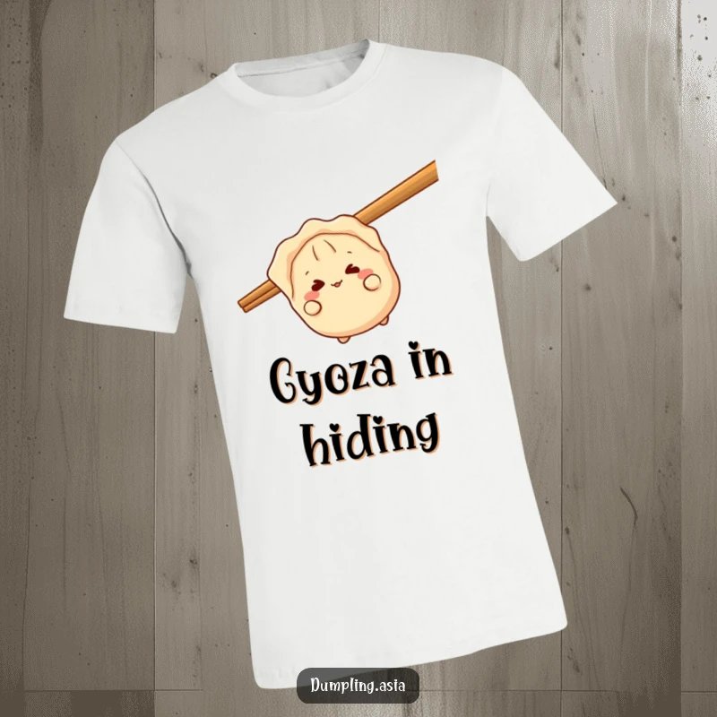 Funny gyoza t-shirt, a giggling dumpling character, peeking playfully from behind a giant chopstick, designed for food humor.