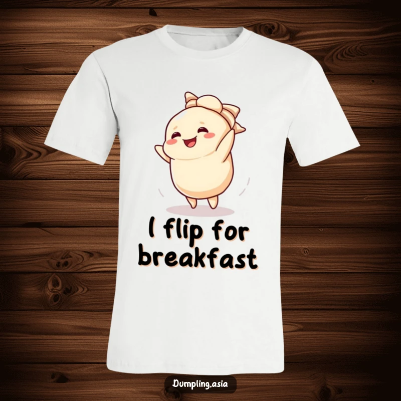 Funny t-shirt showcasing a smiling dumpling character performing a cartwheel with playful energy.
