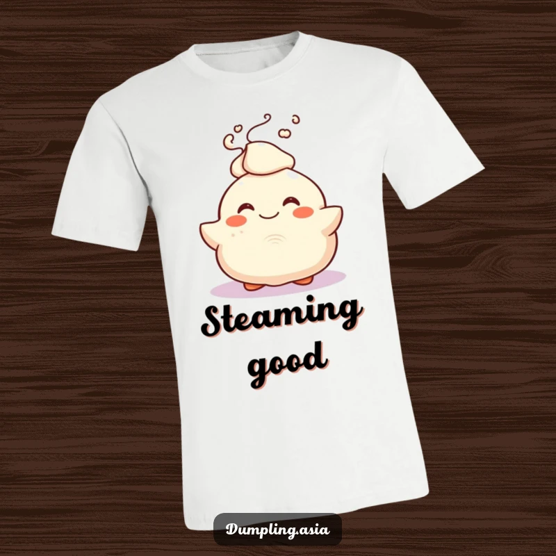 Funny T-Shirt with a smiling dumpling character joyfully bursting with steam, a cute and humorous food design.