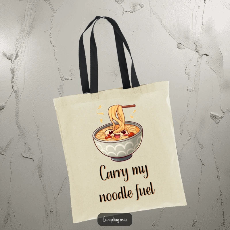 Funny ramen bowl tote bag, a cheerful character with playful spiraling steam, a practical and humorous accessory.