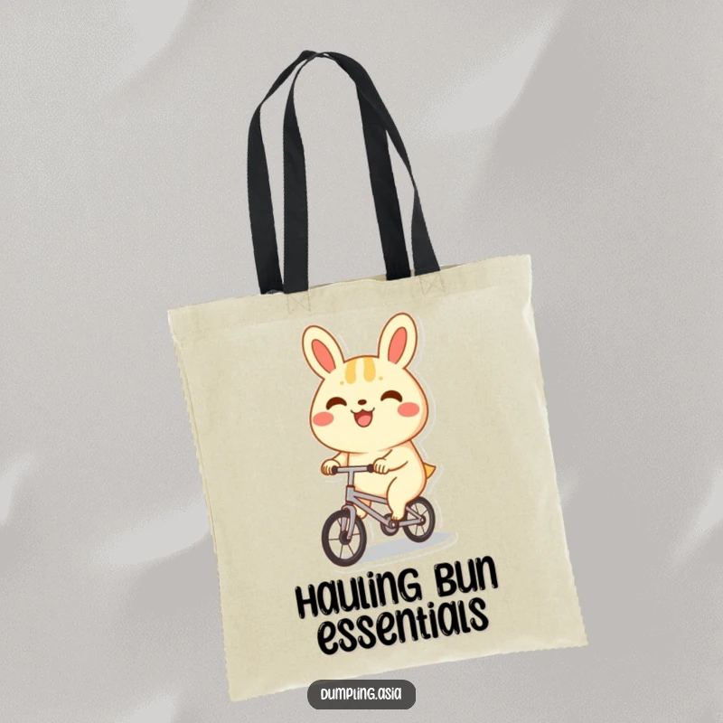Funny bao bun tote bag, a happy character with a big grin, joyfully riding a tiny bicycle, practical and adorable.