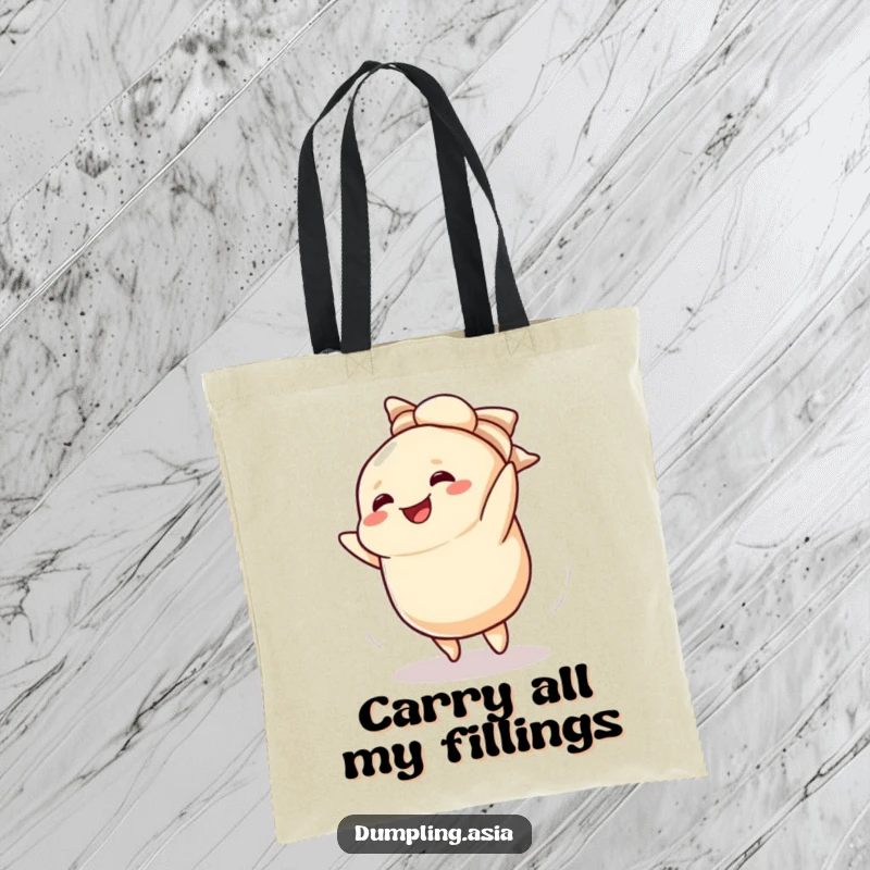 Funny tote bag with a smiling dumpling character enthusiastically doing a cartwheel.