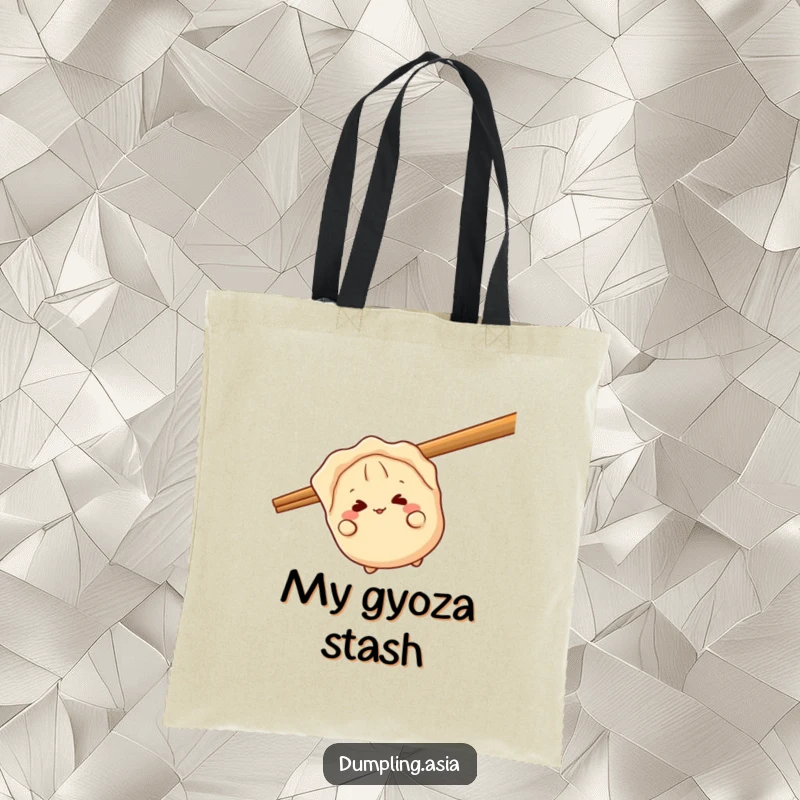 Funny gyoza tote bag, a giggling dumpling character, peeking playfully from behind a giant chopstick, practical and playful.